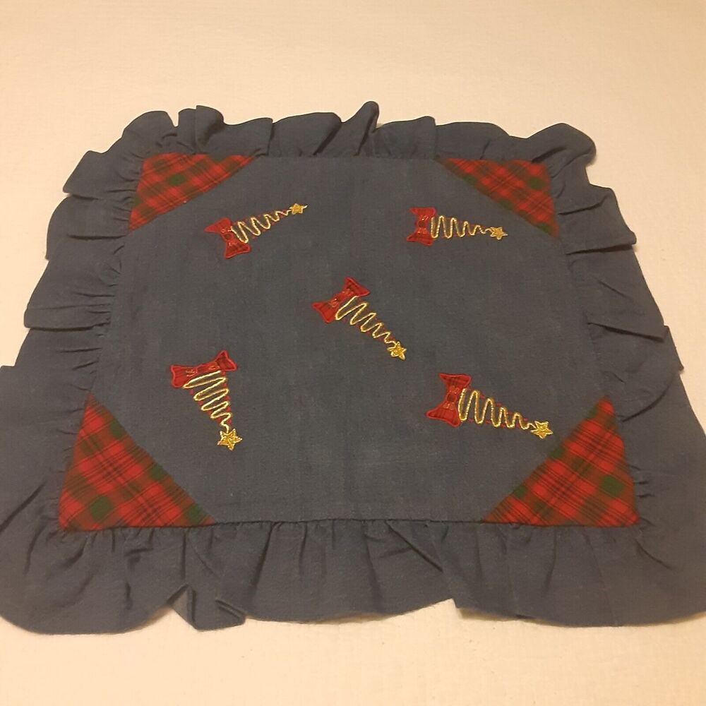 Handmade Embroidered Tartan Ruffled Zip Pillow Case Denim Tone Christmas